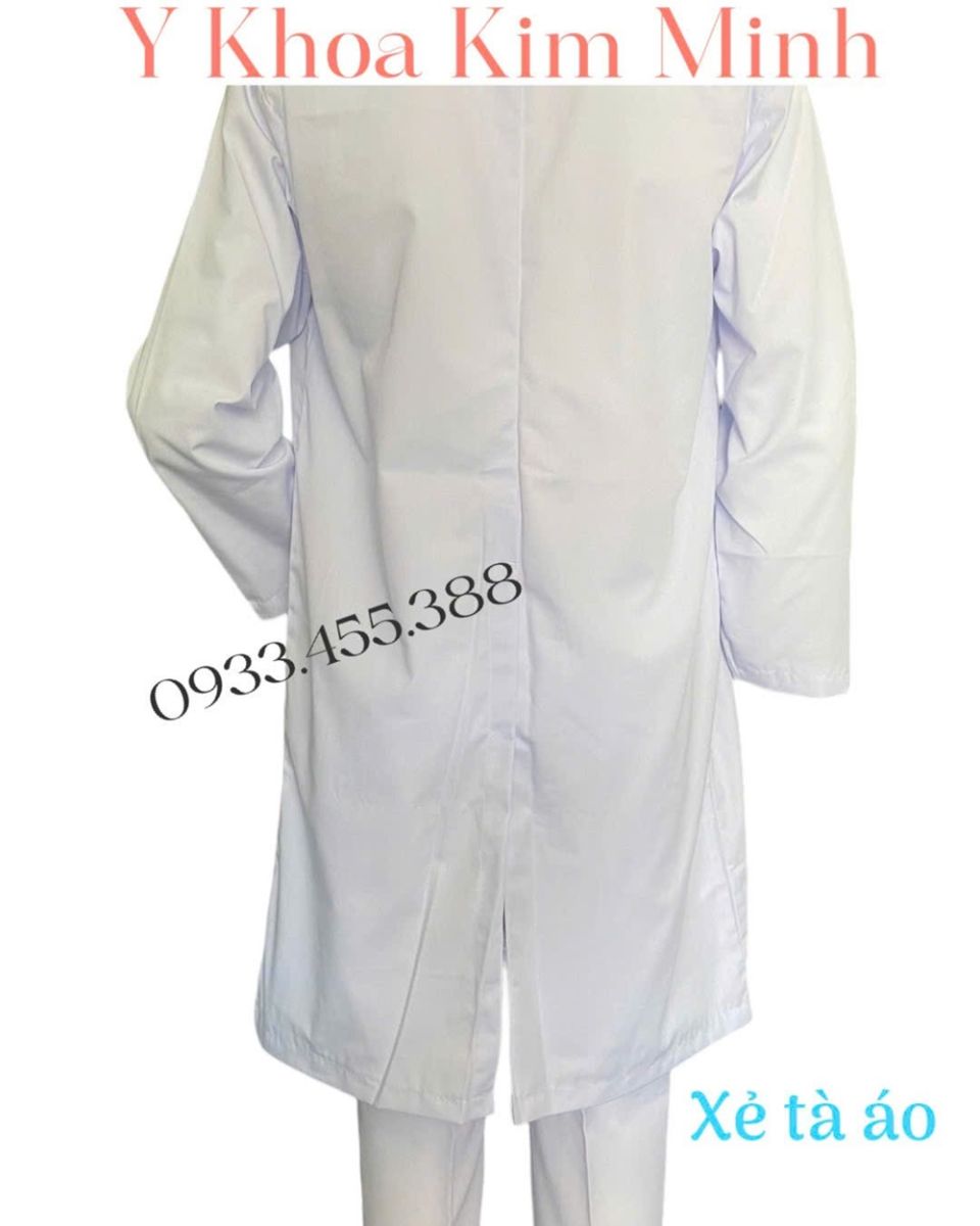 Áo bác sĩ nam tay dài, áo quá gối, có xẻ tà áo sau, 3 túi, dùng cho bác sĩ khám bệnh đa khoa, phòng mổ, sinh viên y dược thực tập
