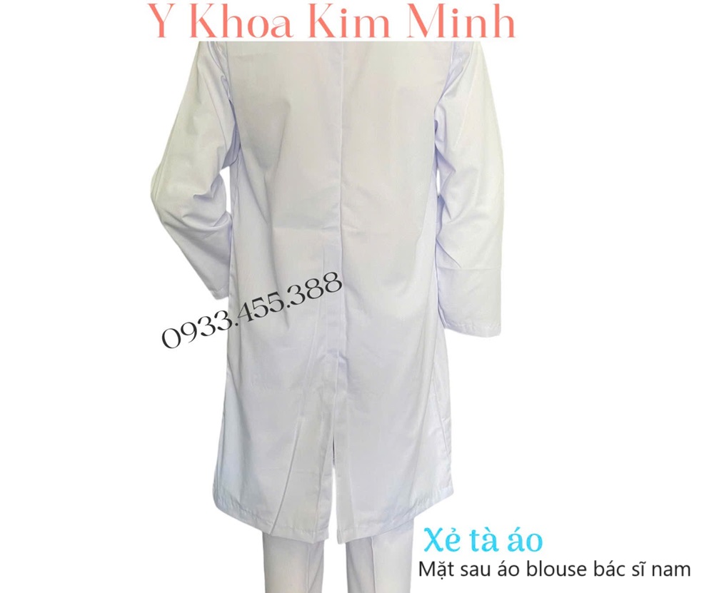 Áo blouse bác sĩ nam tay áo dài, lai dài quá gối size số 1, 2 , 3 bán giá sỉ ở Y khoa Kim Minh