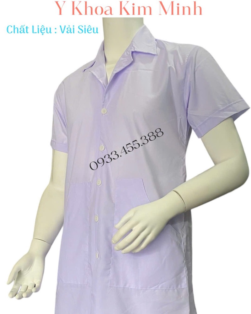Áo blouse bác sĩ nữ mặc, tay ngắn, xẻ tà sau, lai áo dài quá gối, 2 túi xéo, cổ cao danton size số 1, 2, 3