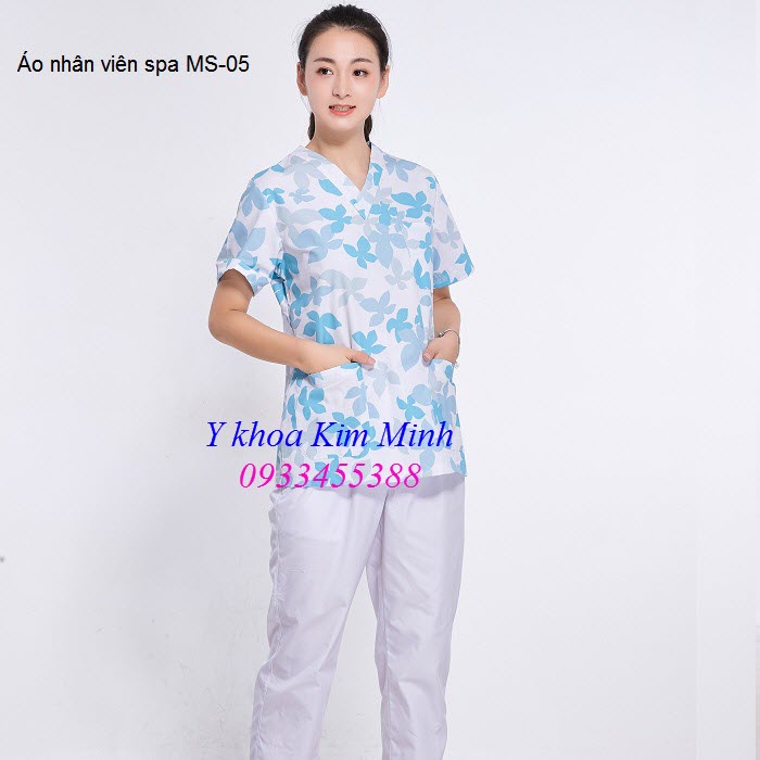 Áo nhân viên spa hoa văn cổ trái tim MS-05 - Y khoa Kim Minh 0933455388