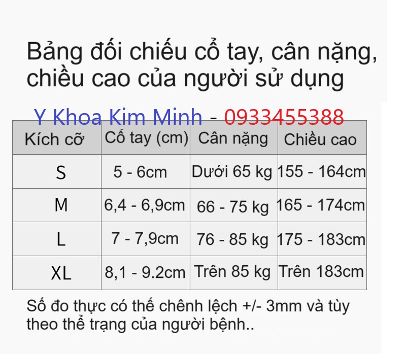 Báng đối chiếu so sánh chiều đo cổ tay, cân nặng, chiều cao để chọn đai cổ tay