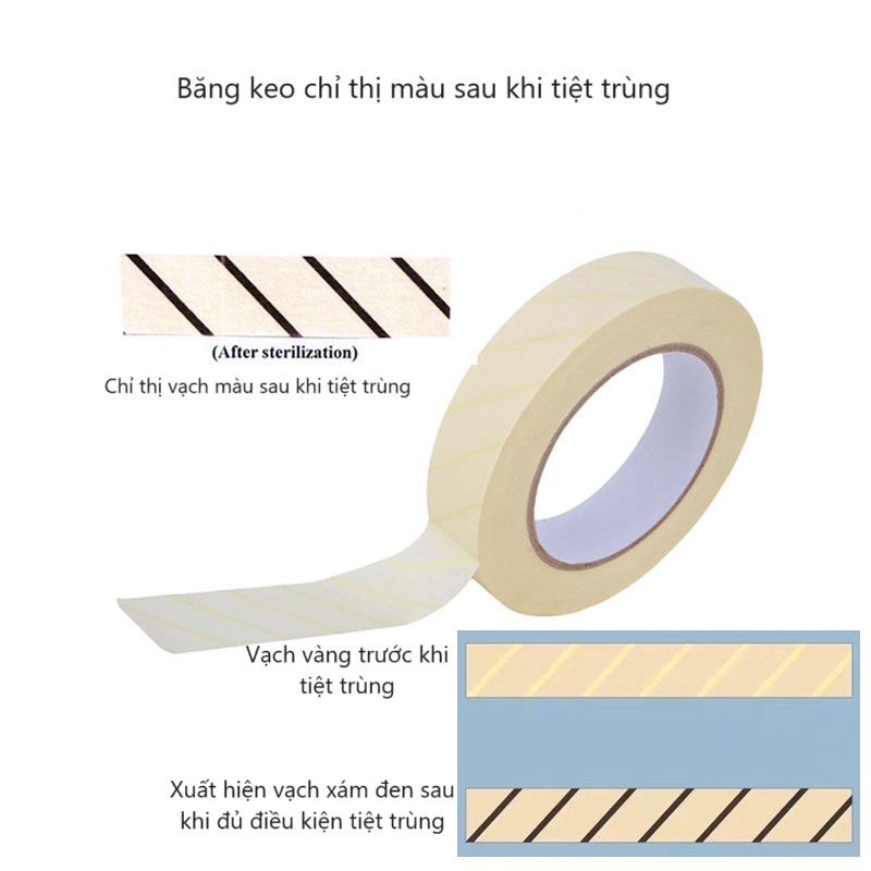 Băng keo chỉ thị màu sau khi tiệt trùng dụng cụ pen keo, thiết bị phẫu thuật phòng mổ