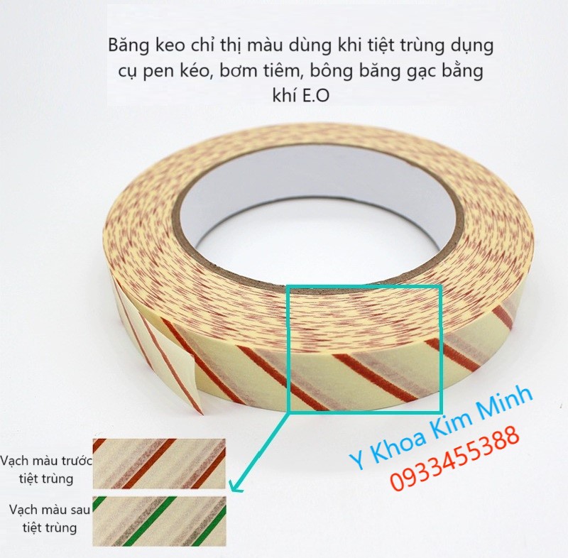 Băng keo chỉ thị màu tiệt trùng khí E.O Ethylene Oxide sau khi tiệt trùng khử khuẩn pen kéo nhíp y tế, bông băng gạc