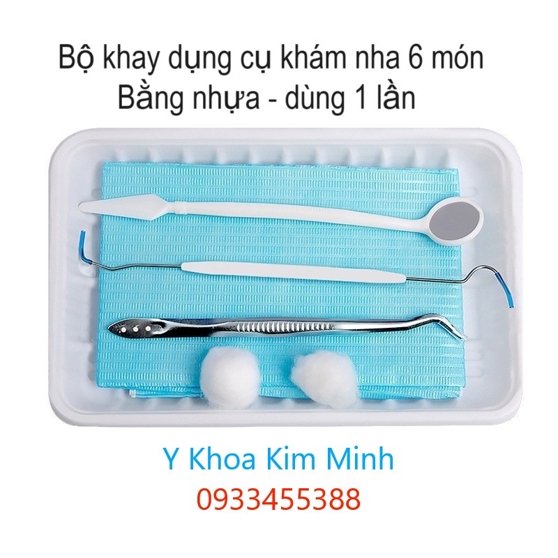 Bộ khay dụng cụ khám nha 6 món gồm nhíp nha khoa, gương nha, đầu dò nha, bông bi, khăn, khay nhựa