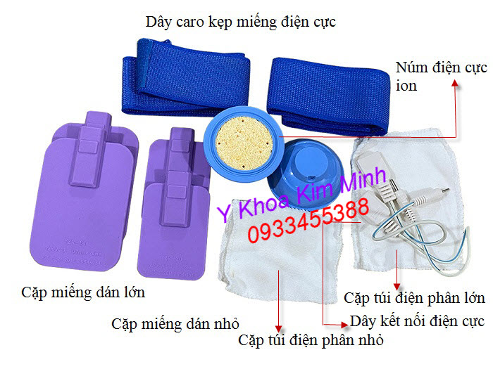 Bộ phụ kiện của máy điều trị trung tần K18BX - Y khoa Kim Minh Bộ phụ kiện máy trung tần K18BX: miếng dán điện cực, núm điện cực, dây caro, túi điện phân thuốc, dây kết nối - Y khoa Kim Minh