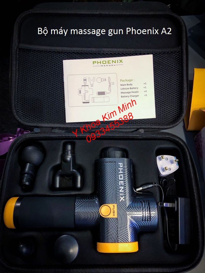 Bộ súng massage gun Phoenix A2 1500mAh có 4 đầu điều trị, thân máy carbon