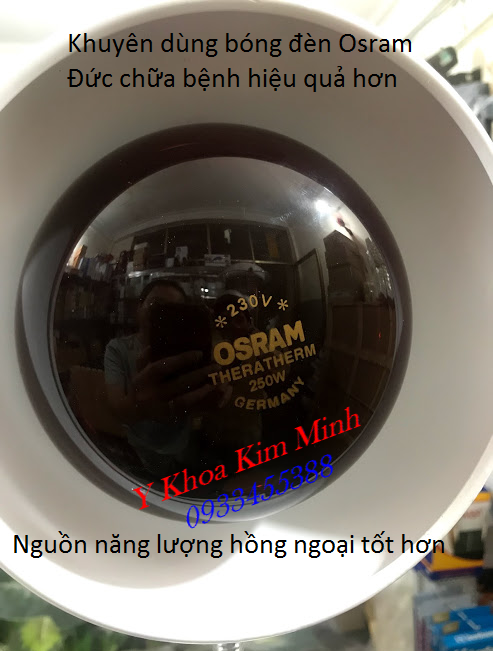 Công suất năng lượng nhiệt hồng ngoại chuẩn hơn so với bóng đèn hồng ngoại Trung Quốc - Y Khoa Kim Minh Dùng bóng đèn hồng ngoại Osram Đức công suất 250W có năng lượng thấp nhưng toạ nhiệt lượng hồng ngoại chữa bệnh đau nhức cơ khớp và thần kinh hiệu quả - Y khoa Kim Minh
