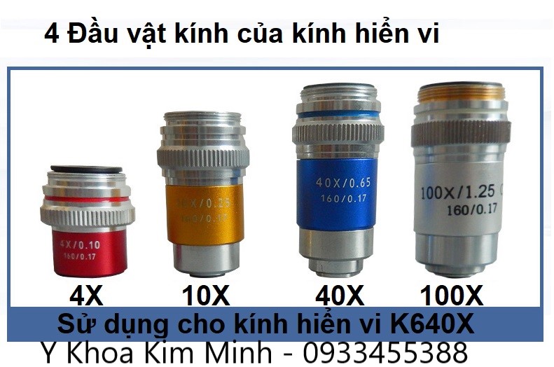 Đầu vật kính 4X, 10X, 40X, 100X của kính hiển vi