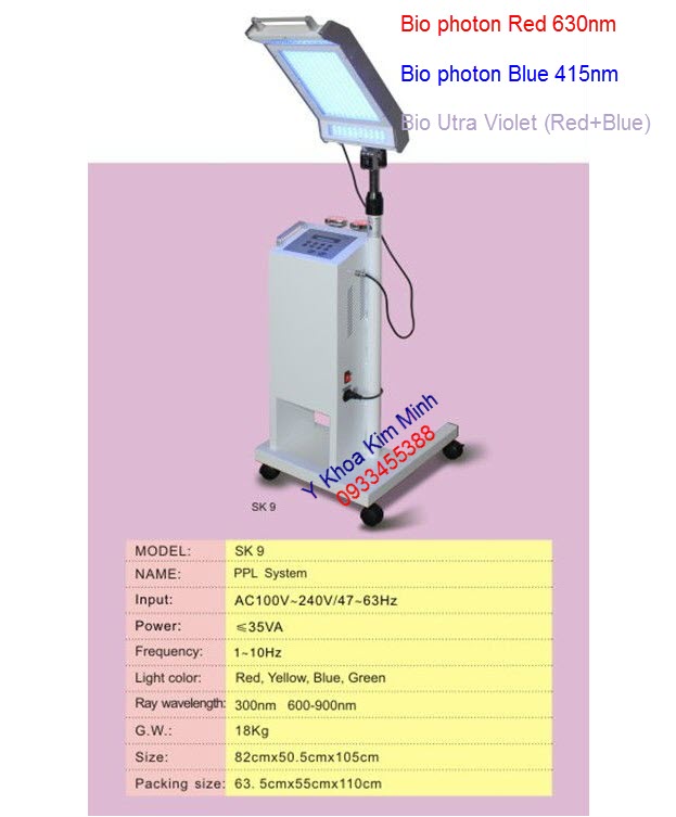 Thong so ky thuat duong anh sang sinh hoc cham soc dieu tri da bio photon led PDT SK 9 Y Khoa Kim Minh ban tai tp hochiminh