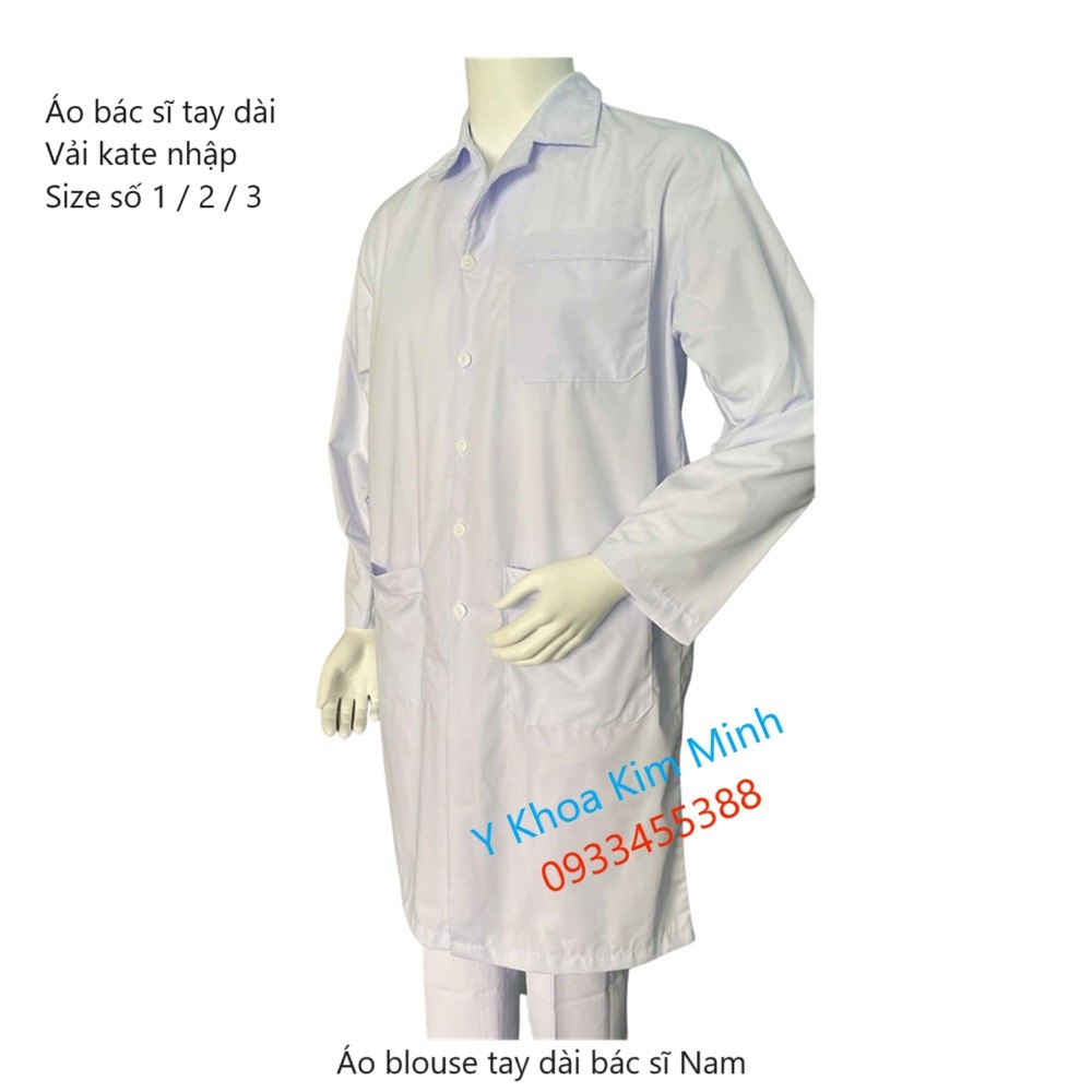 Áo bác sĩ tay dài, áo blouse bác sĩ nam mặc size số 1, 2 , 3 bán ở Y khoa Kim Minh
