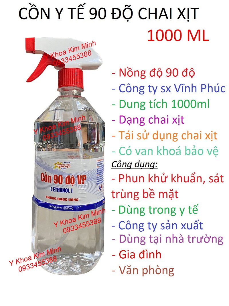Cồn y tế 90 độ Vĩnh Phúc chai xịt dung tích 1000ml