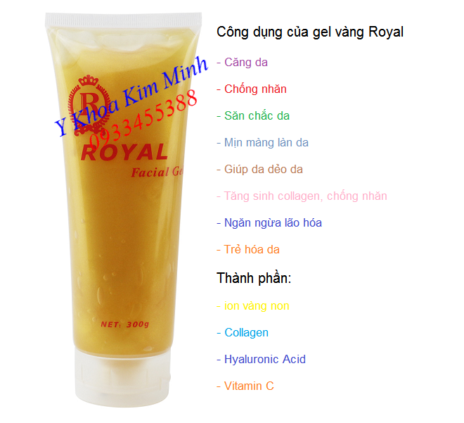 Công dụng của gel vàng royal giúp căng da, chống nhăn, trẻ hóa da mặt đi với máy chăm sóc da, máy giảm béo RF - Y khoa Kim Minh 0933455388