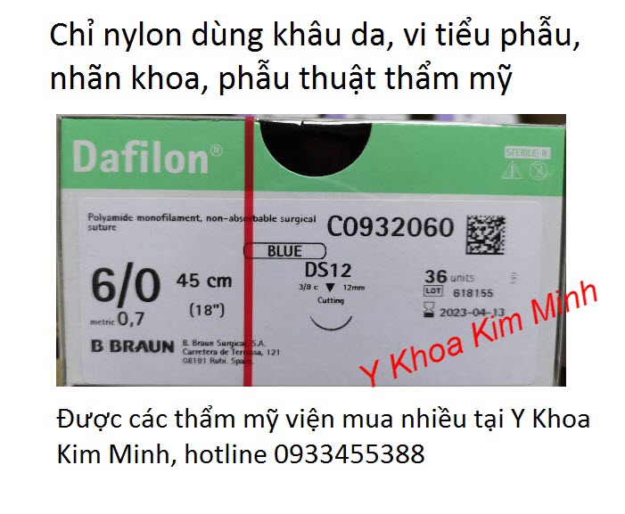 Chỉ khâu ngoài da, chỉ nylon Dafilon 6-0 Dafilon dùng khâu mí mắt sau khi phẫu thuật cắt mí