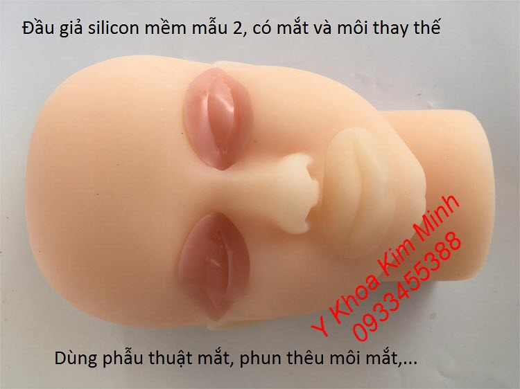 Đầu giả silicon mềm có mắt và môi thay thế dùng day phẫu thuât cắt mí, phun thêu môi, lăn kim, tiêm filler