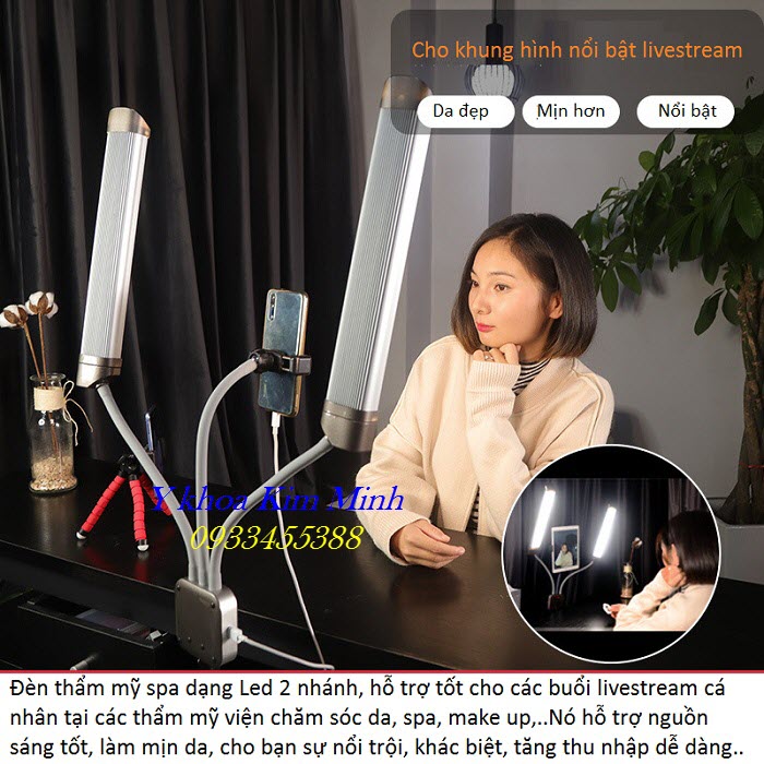 Đèn livestream Led 2 nhánh ánh sáng mạnh L-402 dùng cho ngành chăm sóc da thẩm mỹ spa - Y khoa Kim Minh