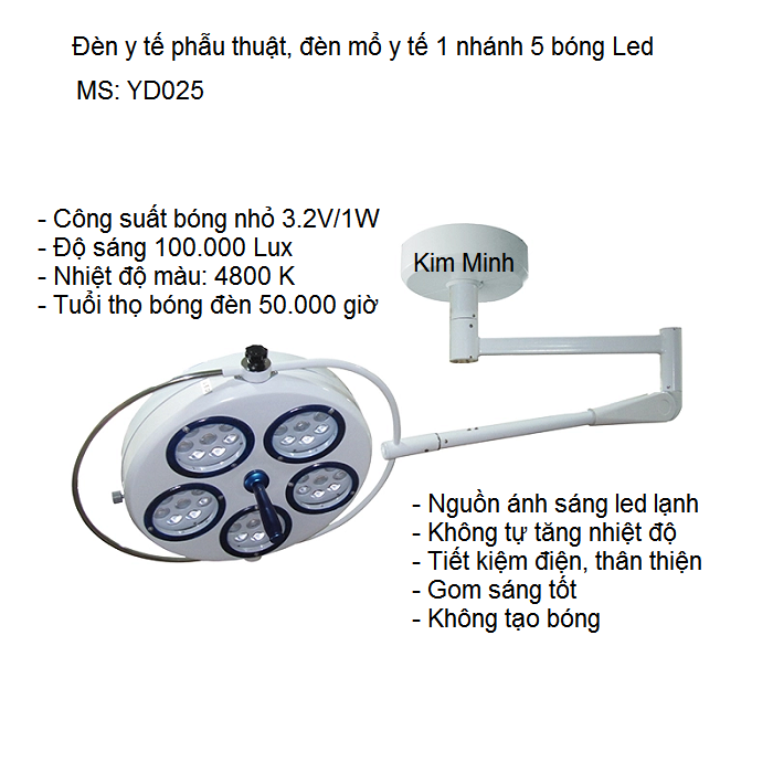 Địa chỉ công ty bán đèn y tế phẫu thuật treo trần 1 nhanh 5 bóng led YD025 - Y Khoa Kim Minh