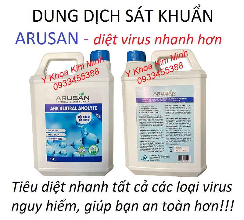 Arusan là dung dịch sát khuẩn nhanh, tiêu diệt tất cả các loại virus, vi trùng, nấm bào tử gây nguy hiểm đến con người Dung dịch sát khuẩn mạnh Arusan 5 lít