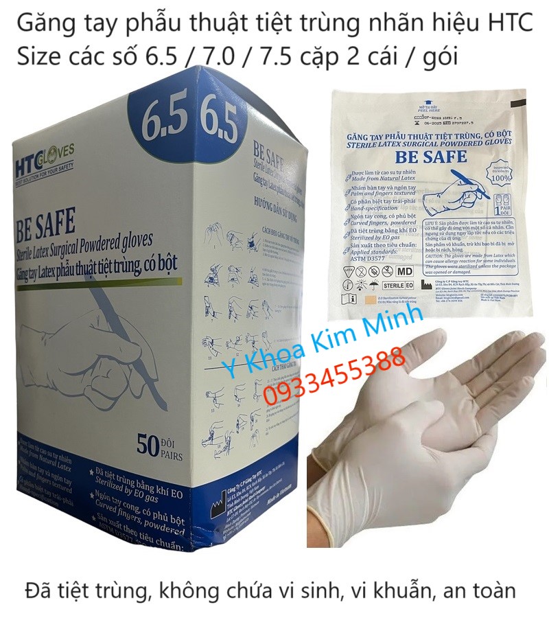 Găng tay phẫu thuật tiệt trùng có bột nhãn hiệu HTC size số 6.5 / 7.0 /7.5