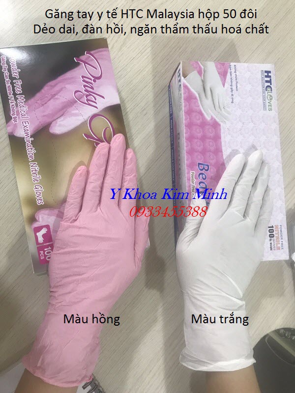 Găng tay không bột nitrile màu hồng nhập khẩu Mã Lai - Y khoa Kim Minh Găng tay thẩm mỹ loại không bột bán tại Tp Ho Chi Minh, găng tay nitrile HTC - Y Khoa Kim Minh