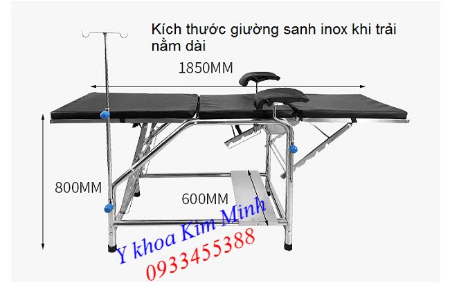 Khi trải nằm dài giường sanh đẻ inox y tế G034-01 - Y Khoa Kim Minh 0933455388