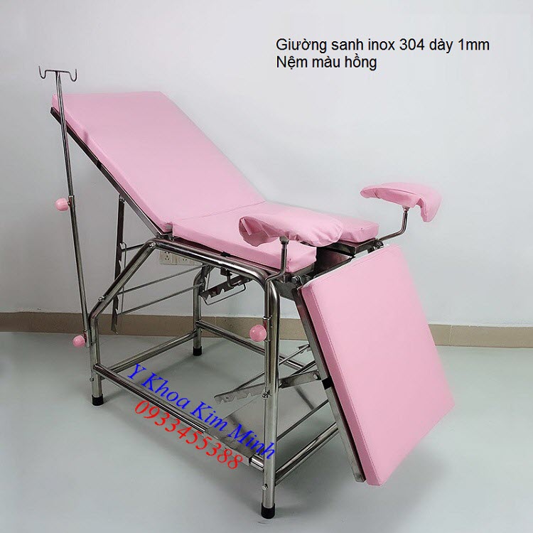 Giường sanh đẻ inox 304 dày 1mm nệm màu hồng - Y khoa Kim Minh 0933455388