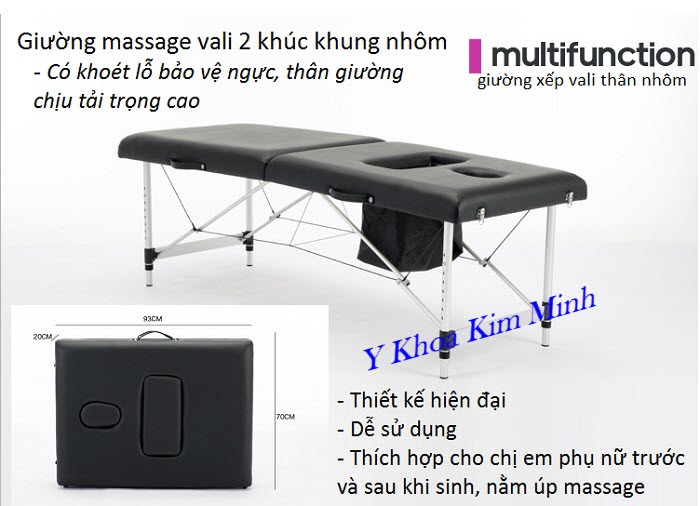 Giường xếp vali 2 khúc thân khung nhôm có lỗ bảo vệ ngực khi massage nằm úp - Y khoa Kim Minh