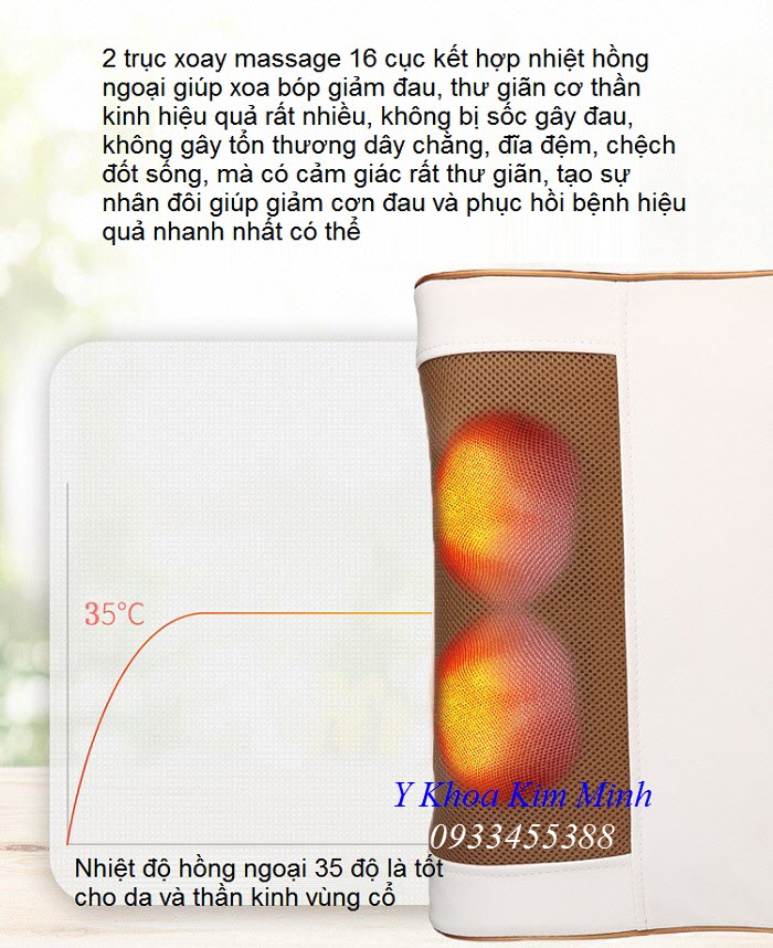 Gối massage trị liệu đau cổ có 2 con lăn 16 múi kết hợp xông nhiệt hồng ngoại - Y Khoa Kim Minh