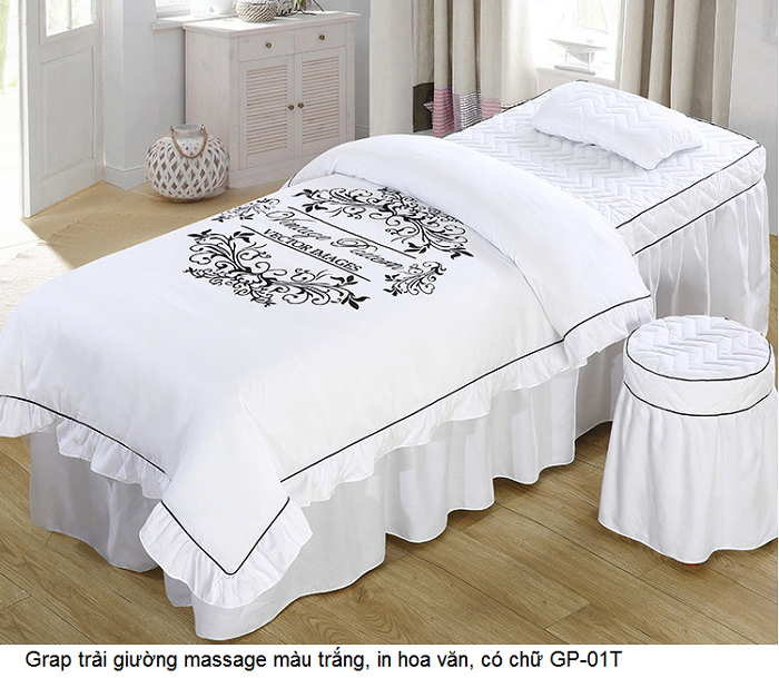 Grap trai giuong tham my spa vải trang, in hoa van, co chu - Y khoa Kim Minh