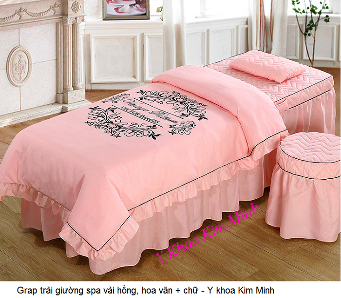 Grap trải giường spa vải hồng in hoa văn + chữ - Y khoa Kim Minh