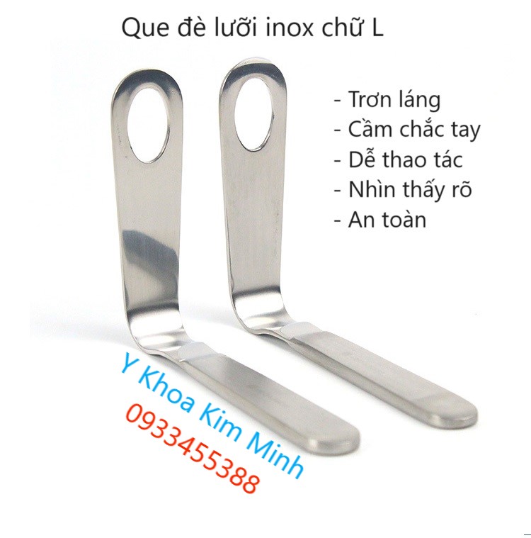 Que đè lưỡi bằng inox chữ L bán giá sỉ ở Y Khoa Kim Minh dùng thăm khám tình trạng viêm họng, viêm sưng họng hạt của bệnh nhân trẻ em và người lớn