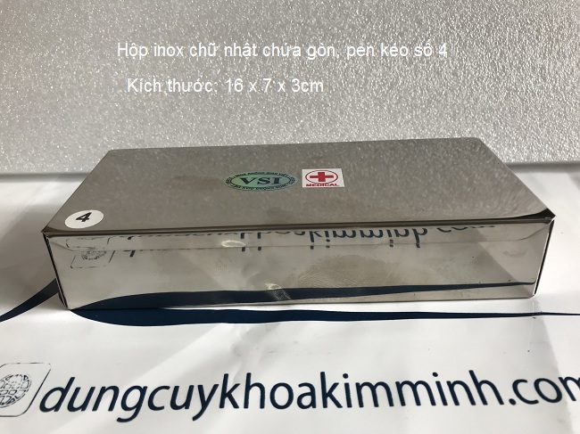 Hộp inox chữ nhật số 4 kích thước 16 x 7 x 3 cm - Y khoa Kim Minh Hộp inox số 4 dùng trong y tế đựng bông băng gạc đã tiệt trùng - Y khoa Kim Minh