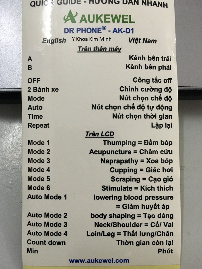 Huong dan su dung nhanh may xung dien 8 mieng dan Aukewel Dr Phone AK-D1