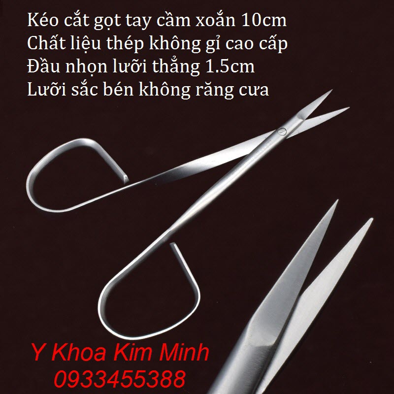 Kéo cắt gọn phẫu thuật mắt tay cầm xoắn đầu nhọn lưỡi cong 10cm thép không gỉ cao cấp