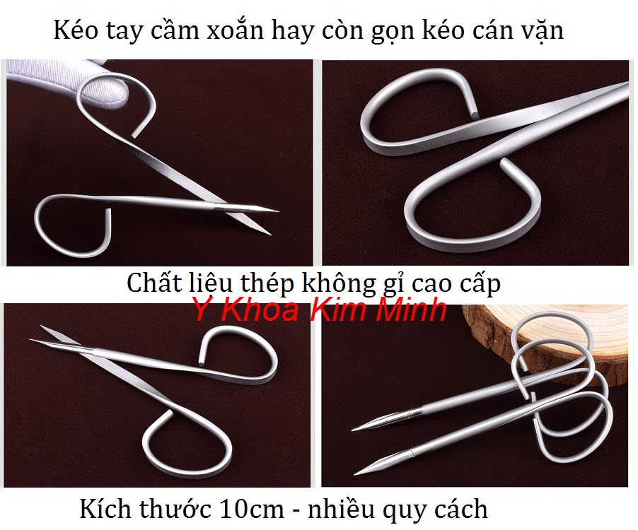 Kéo y tế tay cầm xoán, kéo tay cầm vặn dùng cho phẫu thuật mắt chiều dài 10cm