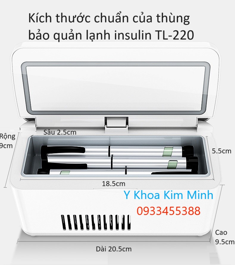 Kích thước D x R x C của thùng bảo quản lạnh là 22 x 9.5 x 9cm