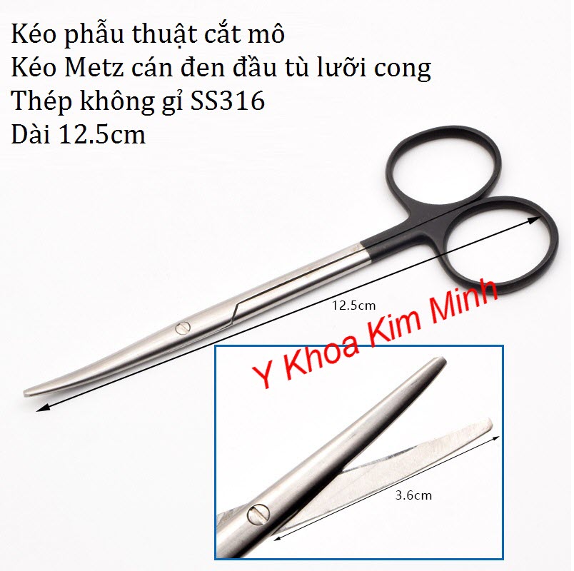 Kéo metzenbaum cán đen đầu tù lưỡi cong dài 12.5cm