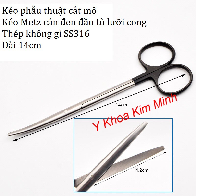 Kéo metzenbaum cán đen đầu tù lưỡi cong dài 14cm