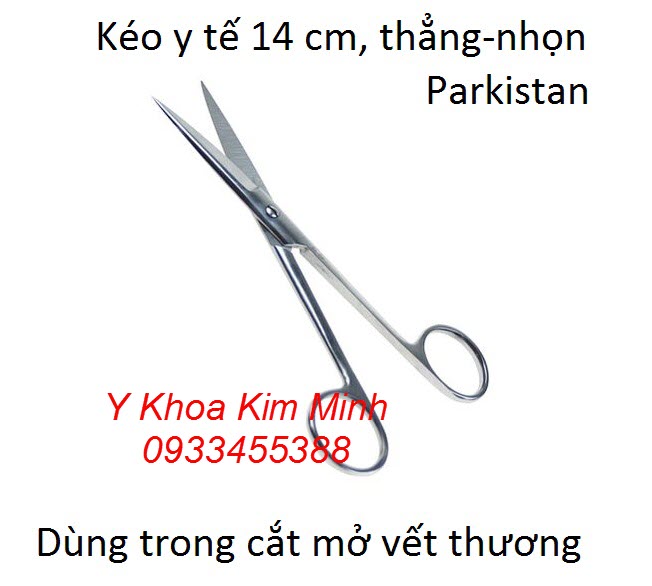 Kéo y tế dài 14cm đầu thẳng nhọn Parkistan - Y Khoa Kim Minh