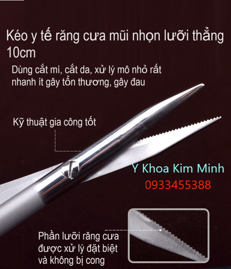 Kéo y tế răng cửa đầu nhọn lưỡi thẳng dài 10cm chuyên dùng cắt mí mắt, cắt mỡ mí mắt