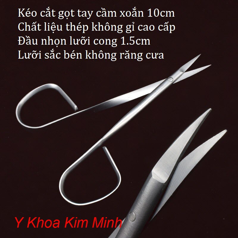 Kéo cắt gọt phẫu thuật mắt đầu nhọn lưỡi cong tay cầm xoắn thép không gỉ dài 10cm