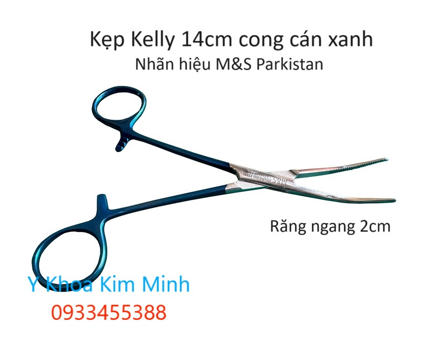 Kẹp cầm máu, kẹp kelly đầu cong 14cm cán xanh Parkistan