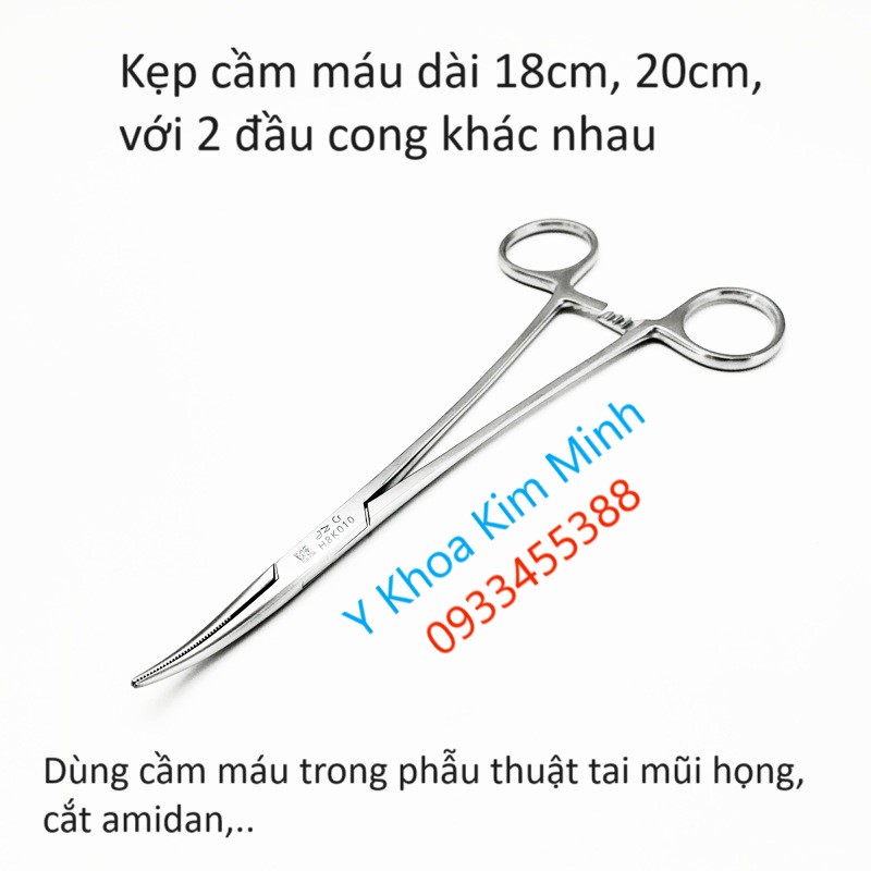 Kẹp y tế cầm máu phẫu thuật tai mũi họng dài 18cm, 20cm đầu cong bán ở Tp.HCM