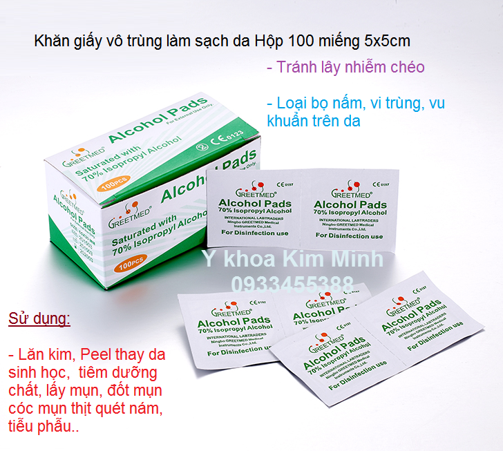 Ban mieng khan giay vo trung truoc khi lan kim lay mun lam sach da Alcohol Pads Y Khoa Kim Minh 0933455388