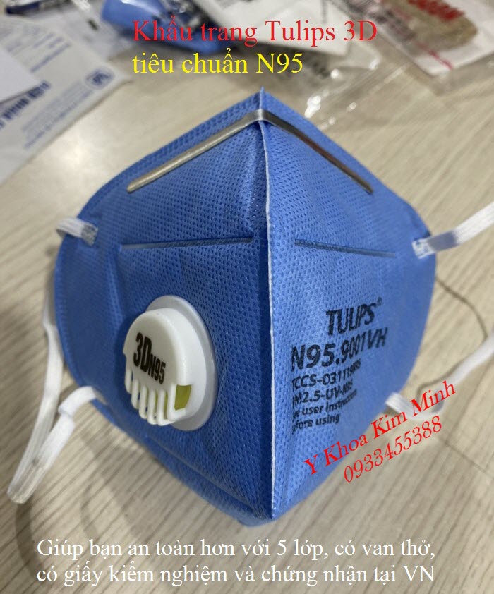 Khẩu trang y tế Tulips 3D có van tiêu chuẩn N95 sản xuất Việt Nam, có giấy chứng nhận kiểm định chất lượng - Y khoa Kim Minh