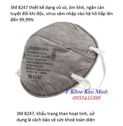 Khẩu trang y tế 3M 8247 sử dụng than hoạt tính nano có tính năng lọc vi khuẩn vi trùng tôt nhất cho phòng dịch cúm - Y Khoa Kim Minh