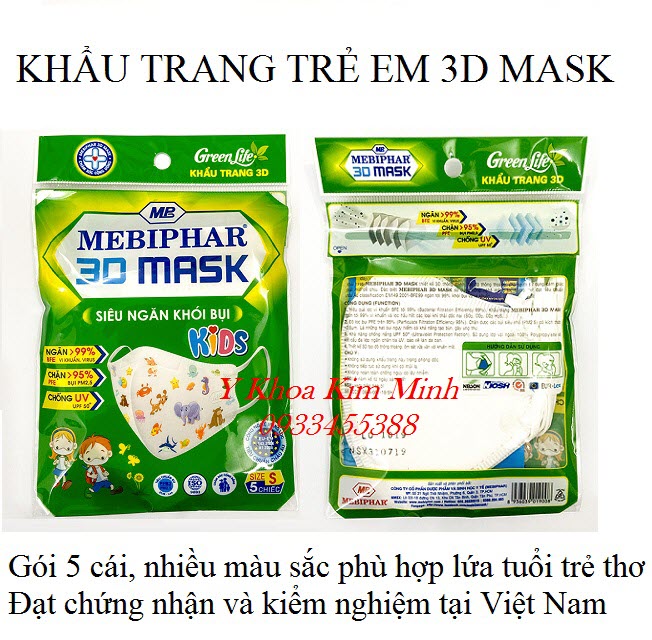 Khẩu trang y tế 5 lớp dùng cho trẻ em 3D Mask nhãn hiệu Mebiphar - Y Khoa Kim Minh