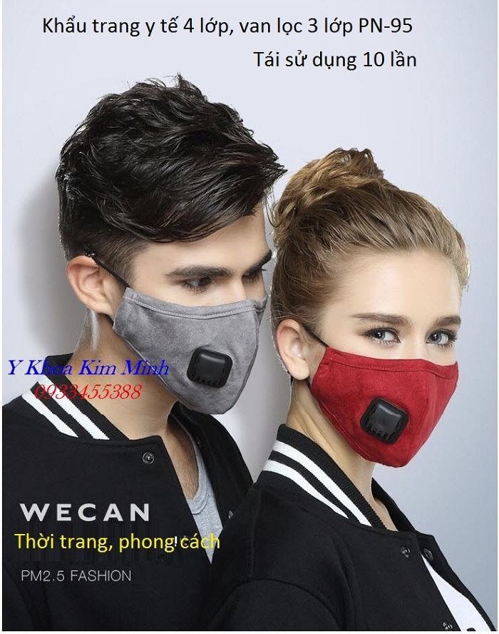 Khẩu trang y tế 4 lớp bằng vải có van lọc khuẩn tái sử dụng 10 lần PN-95 - Y khoa Kim Minh