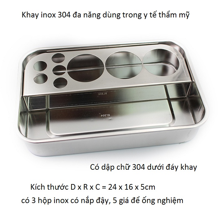 Nhap khau phan phoi khay inox 304 co trung 24x16x5cm - Y khoa Kim Minh