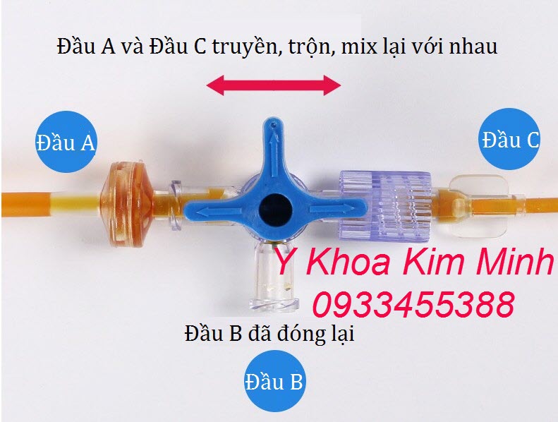 Khoá 3 ngã truyền mix mỹ phẩm đầu A và đầu C, đầu B khoá lại
