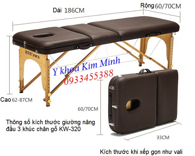 Kích thước giường xếp vali nâng đầu 3 khúc chân gỗ KW-320 - Y khoa Kim Minh